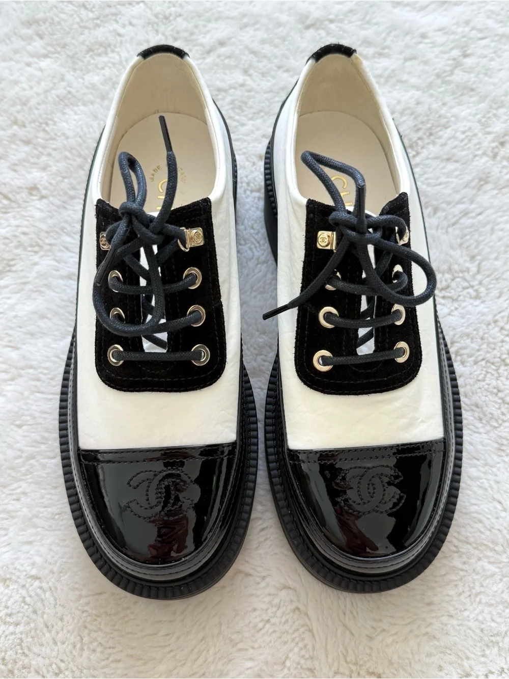 CHANEL women black/white women laces up platform shoes size 36 EU Retail 1275$